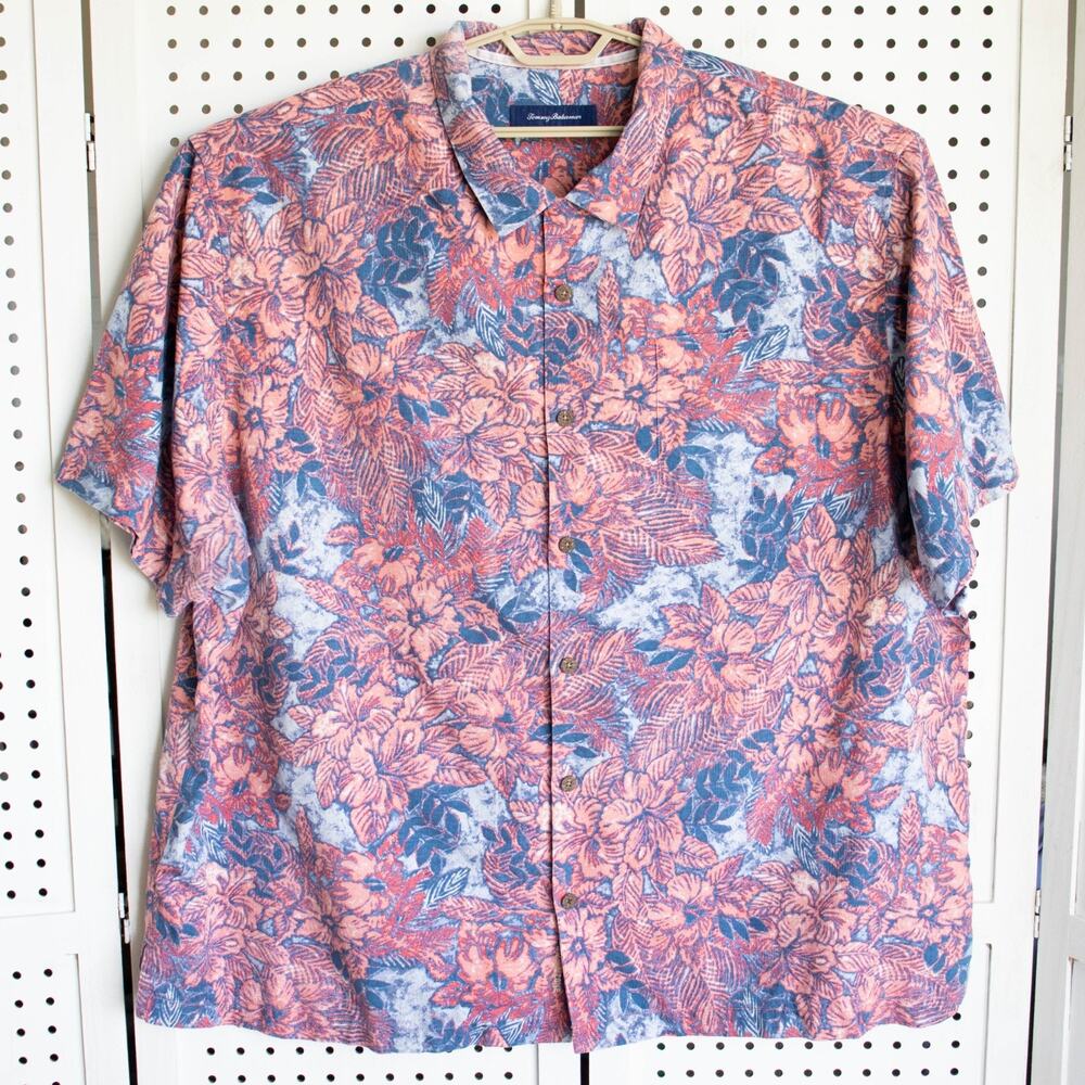 Tommy Bahama Mens SIZE 3XB Pink Blue Floral Silk Blend Camp Shirt Aloha Tropical